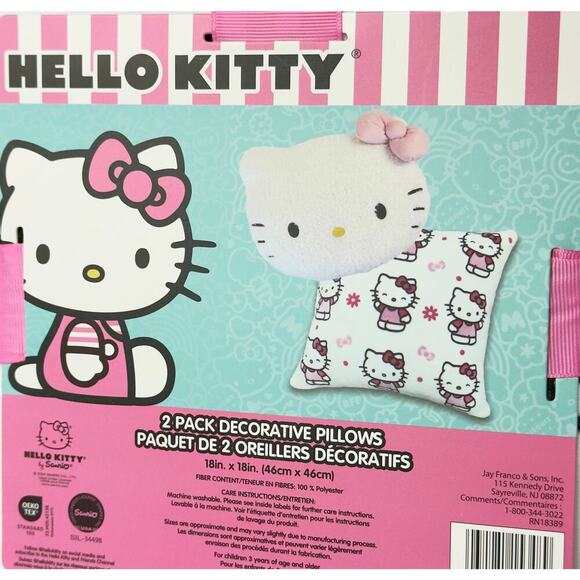 HELLO KITTY Pillow 2 Pack PILLOWS White Soft Plush Pink Bow + White Square 18x18 - Picture 3 of 5